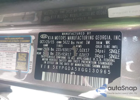 2016 Kia Sorento 3.3L Lx from USA, damaged, VIN 5XYPGDA5XGG130965